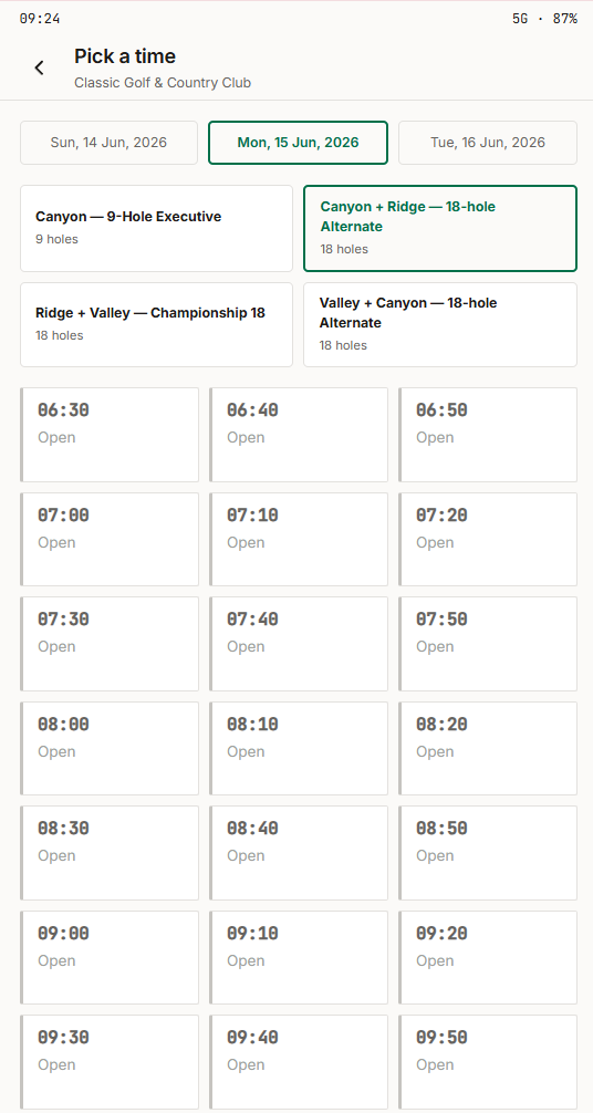 GolfAI player app — pick a tee time